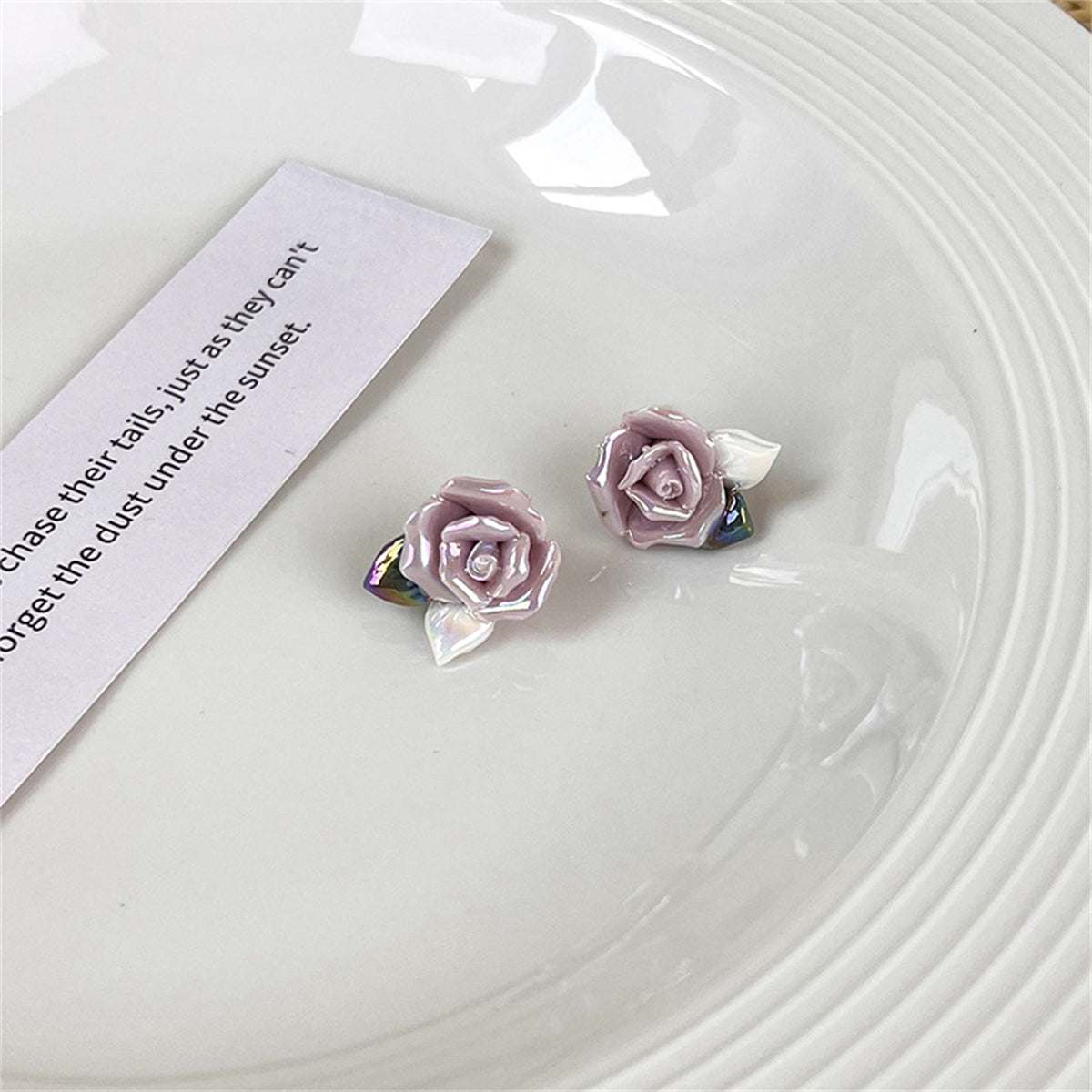 Purple Resin & Enamel Goldtone Rose Stud Earrings