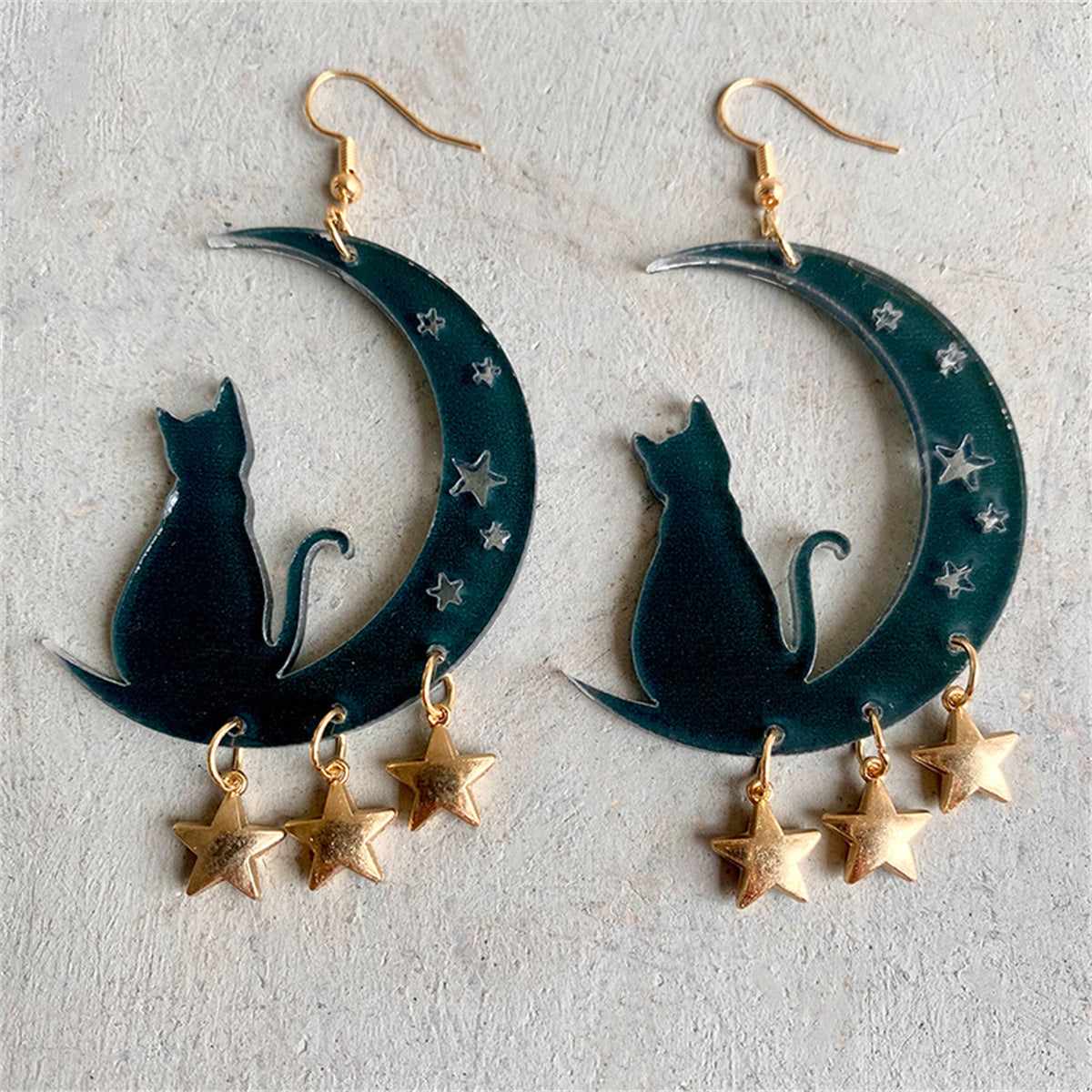 Black & Goldtone Moon & Star Cat Drop Earrings