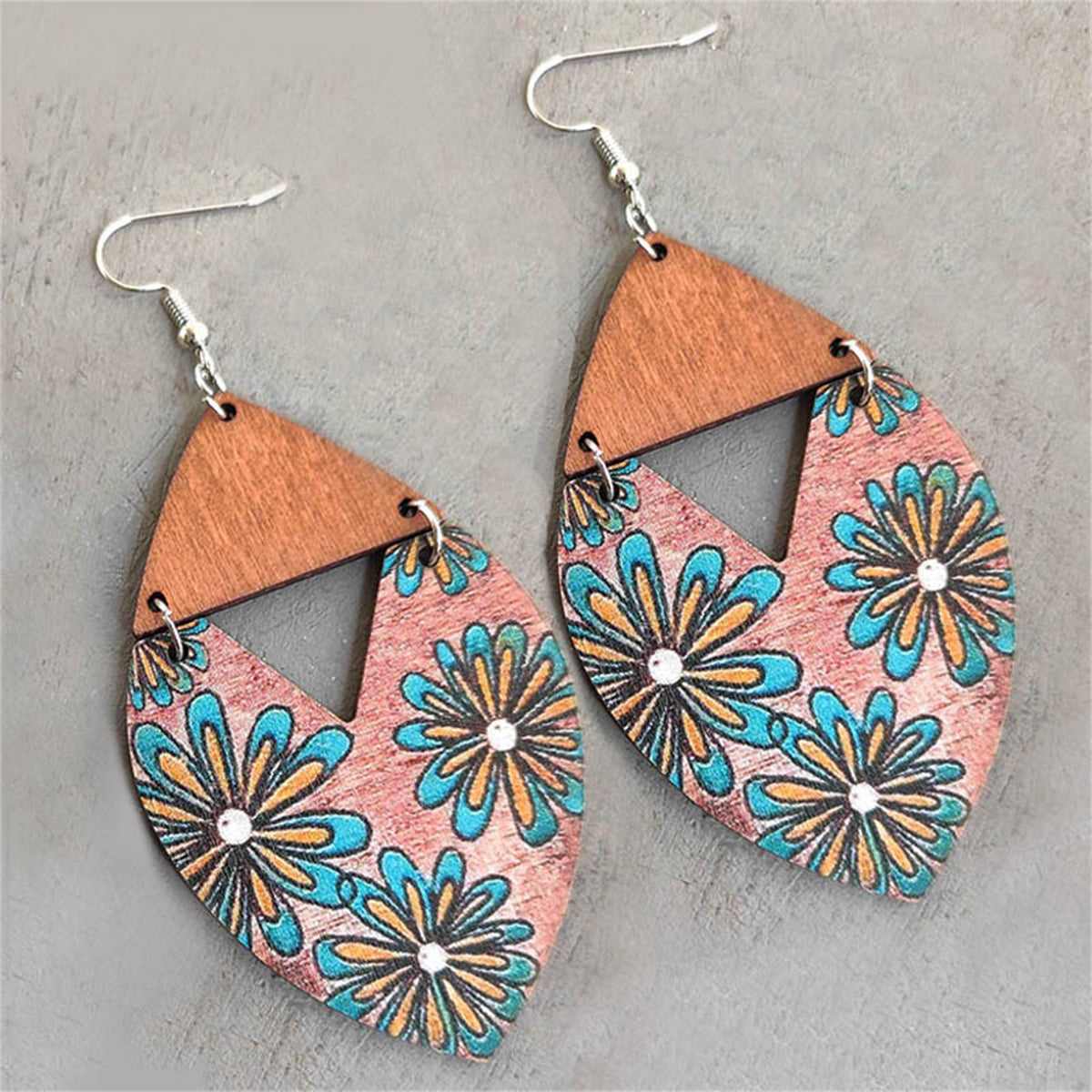 Pink Wood & Silvertone Stripped Blue Mum Drop Earrings