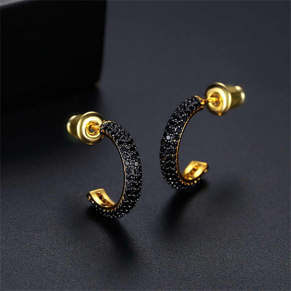 Black Cubic Zirconia & Goldtone Huggie Earrings