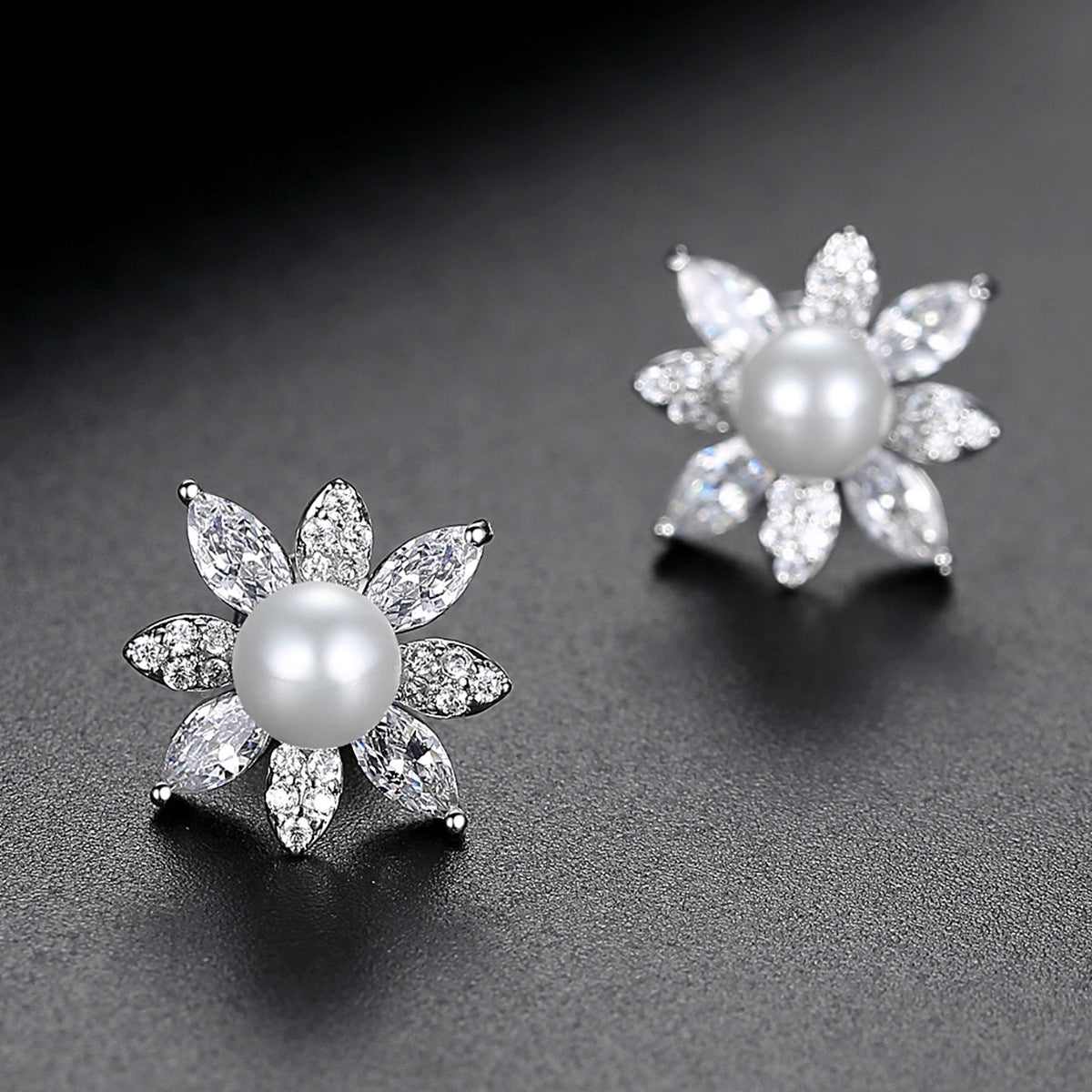 Pearl & Cubic Zirconia Crystal-Accent Flower Stud Earrings