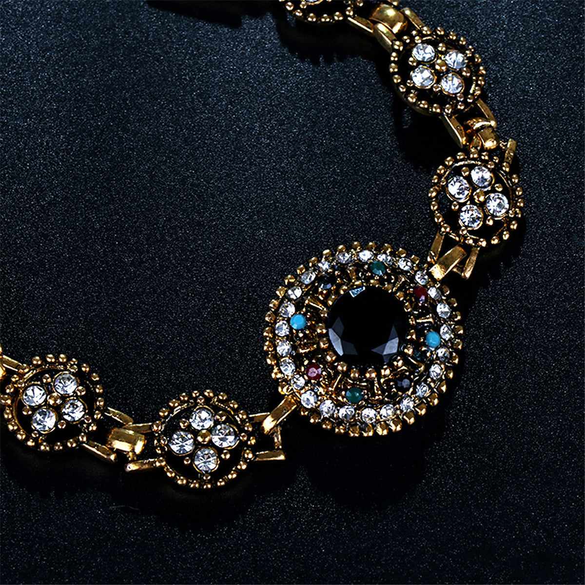 Black Crystal & Cubic Zirconia Flower Station Bracelet