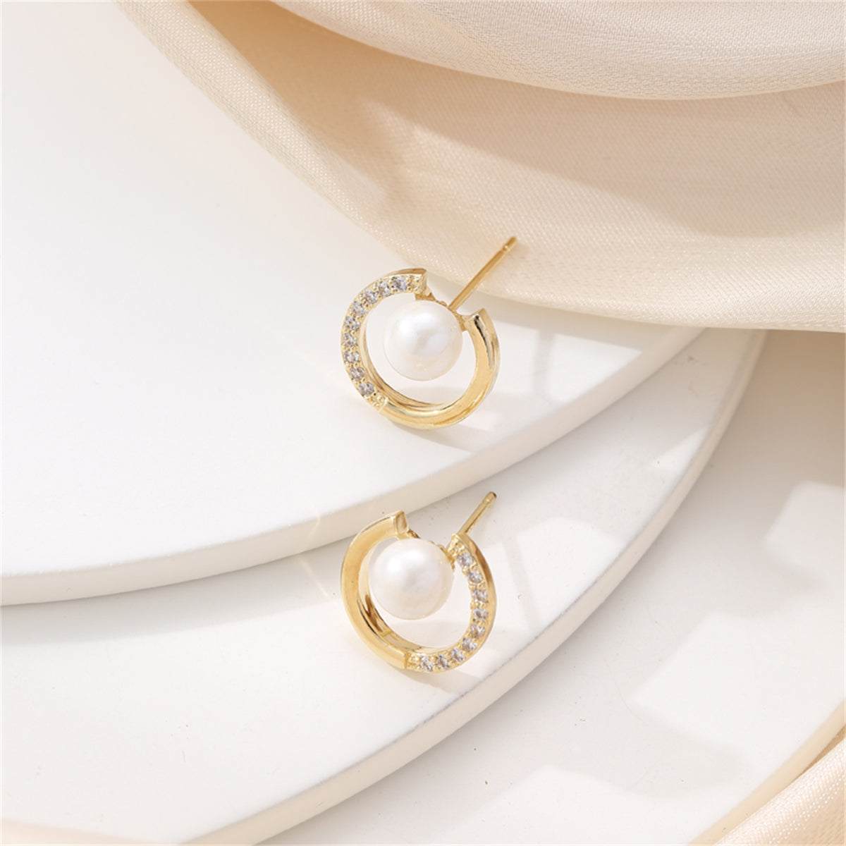 Cubic Zirconia & Pearl Goldtone Round Stud Earrings