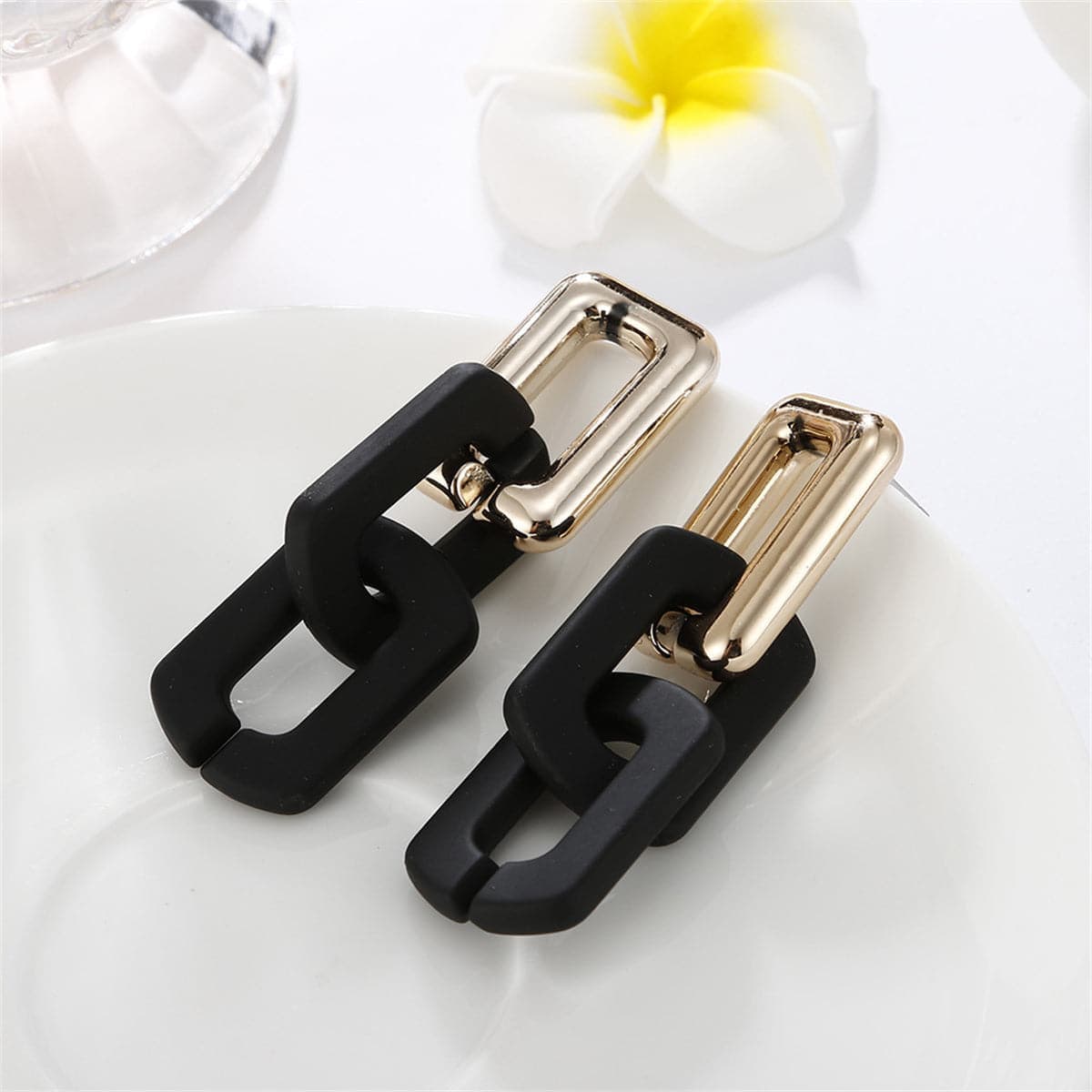 Black Acrylic & Goldtone Cable Chain Drop Earrings