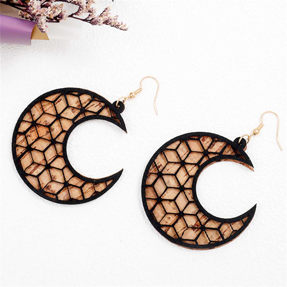 Black Acrylic & Polystyrene Goldtone Moon Drop Earrings