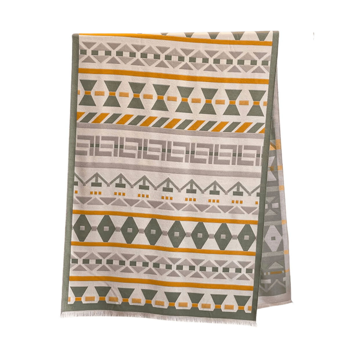 Beige, Olive Green & Orange Geometric Patterned Scarf