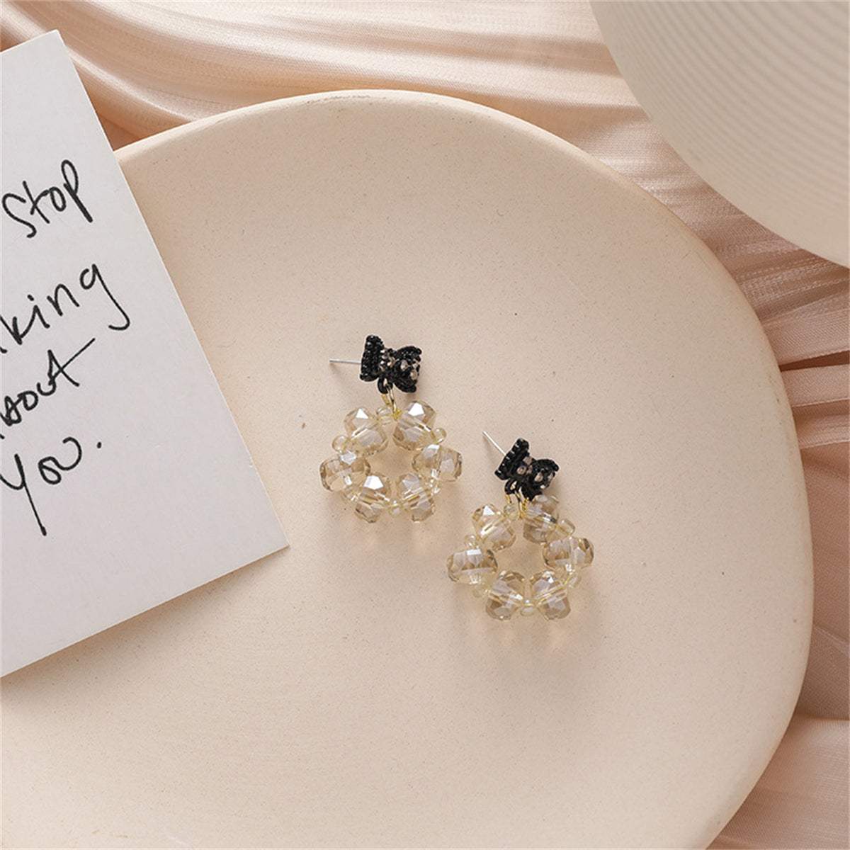 Black Cubic Zirconia & Acrylic Hoop Bow Drop Earrings