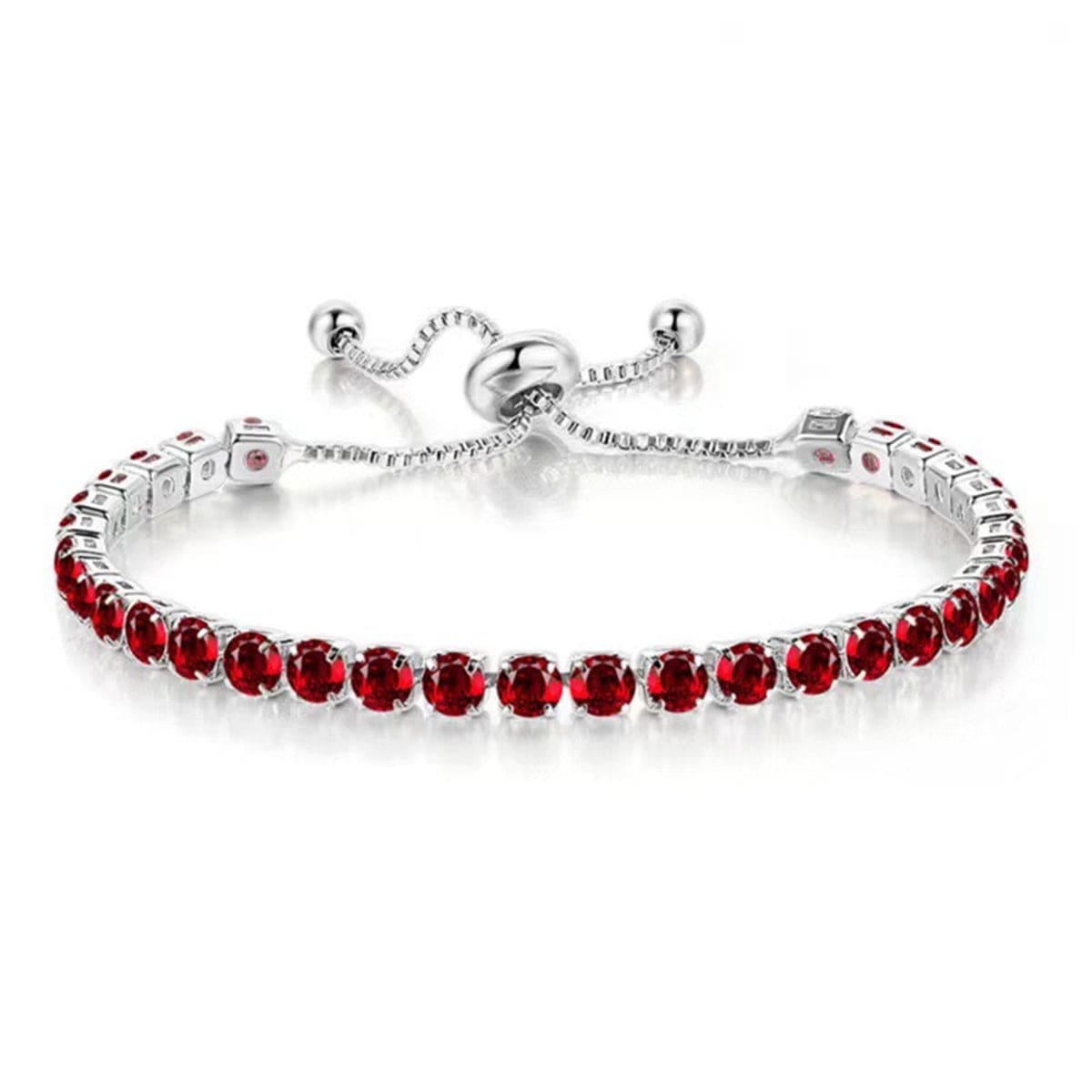 Red Cubic Zirconia & Silvertone Adjustable Link Bracelet