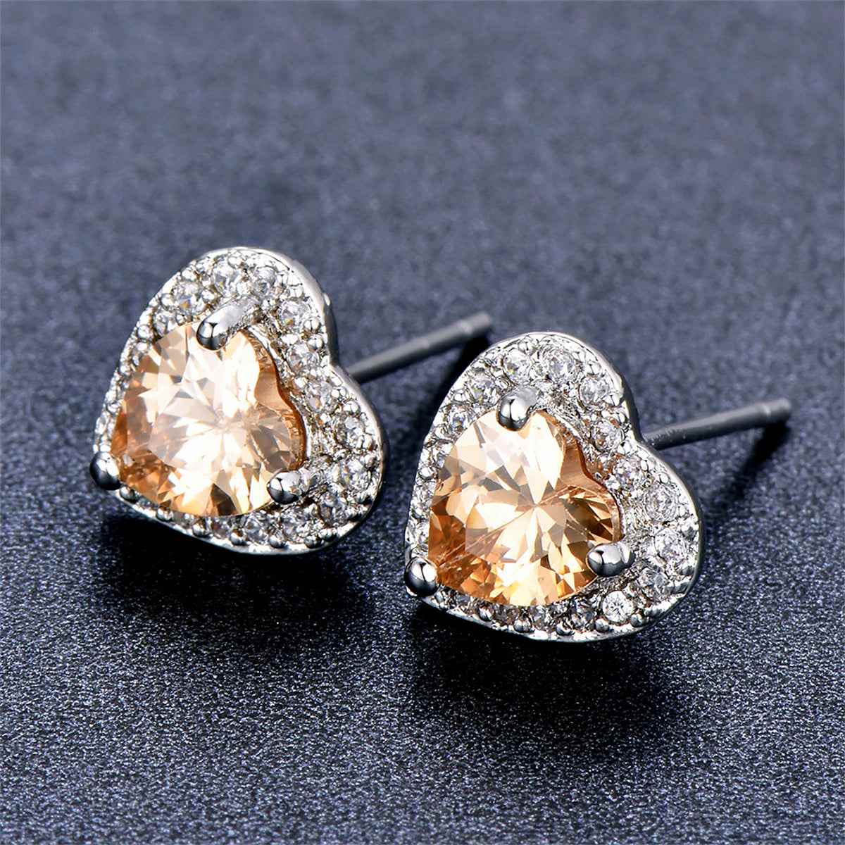 Champagne Crystal & Cubic Zirconia Silvertone Halo Heart Stud Earrings