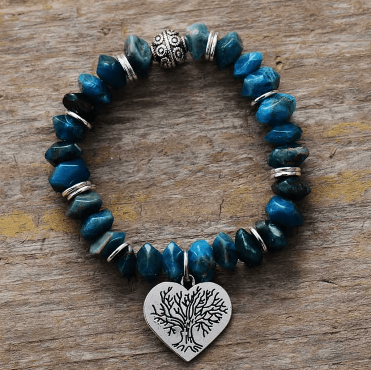 Blue Apatite Beaded Bracelet With Tree-Of-Life Heart Charm
