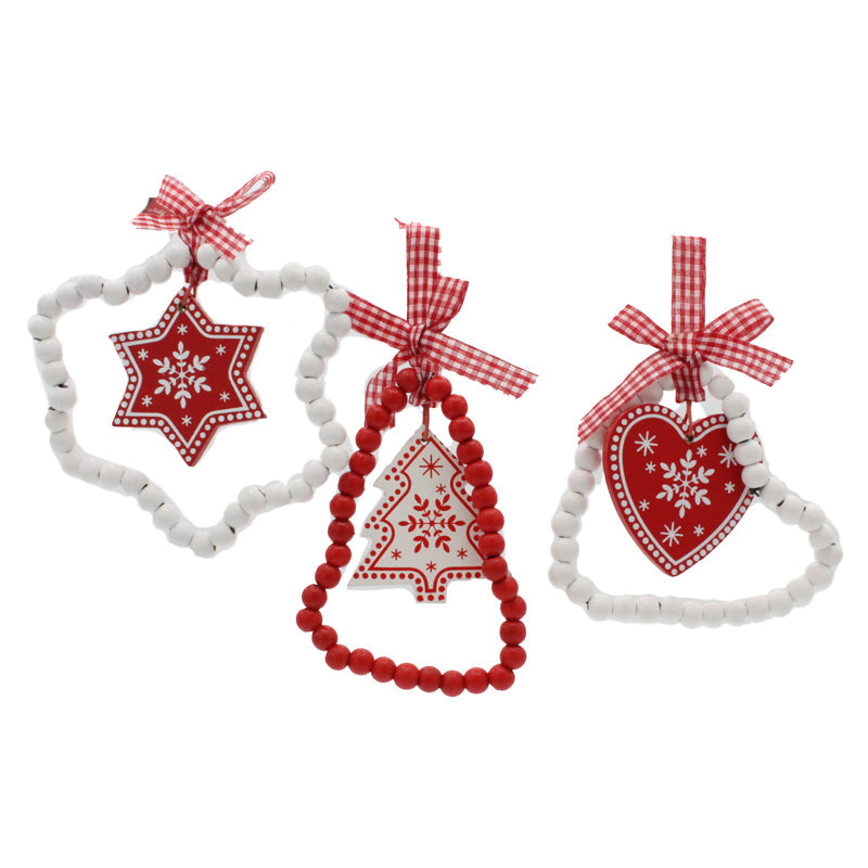 Wooden Beaded Christmas Decorations x 3 Set Red & White Design