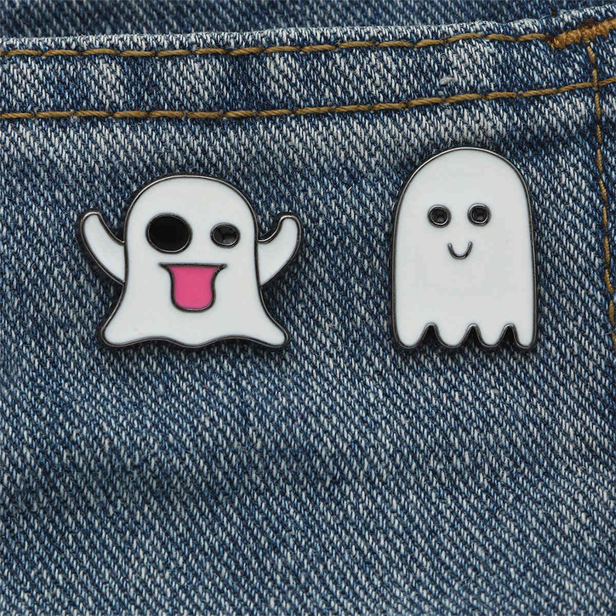White & Silvertone Ghost Enamel Pin Set