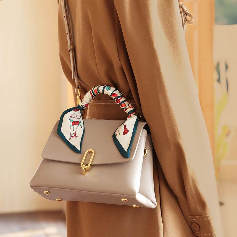 Elegant Apricot Leather Satchel Bag with Silk Scarf Handle