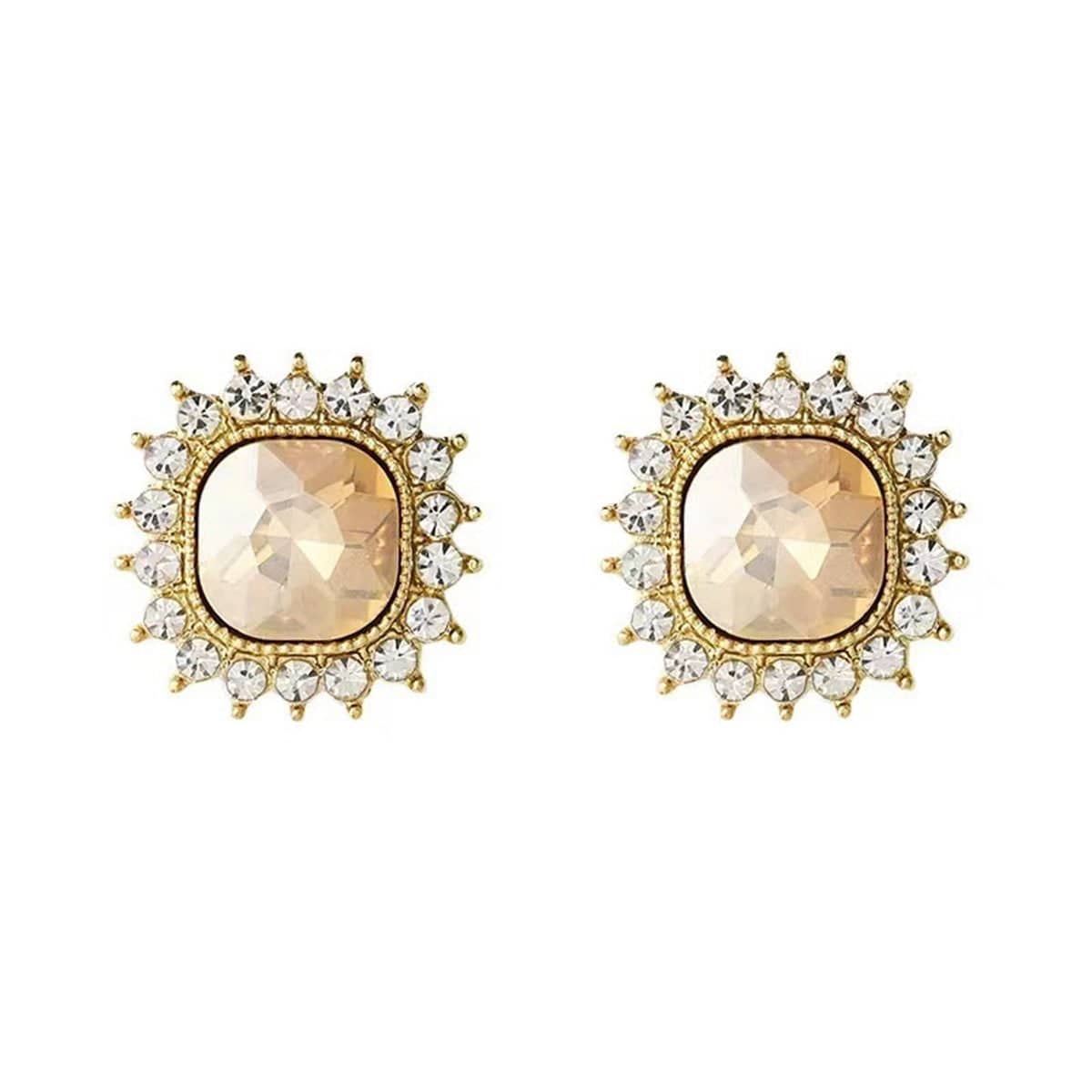 Champagne Crystal & Goldtone Square Halo Stud Earrings