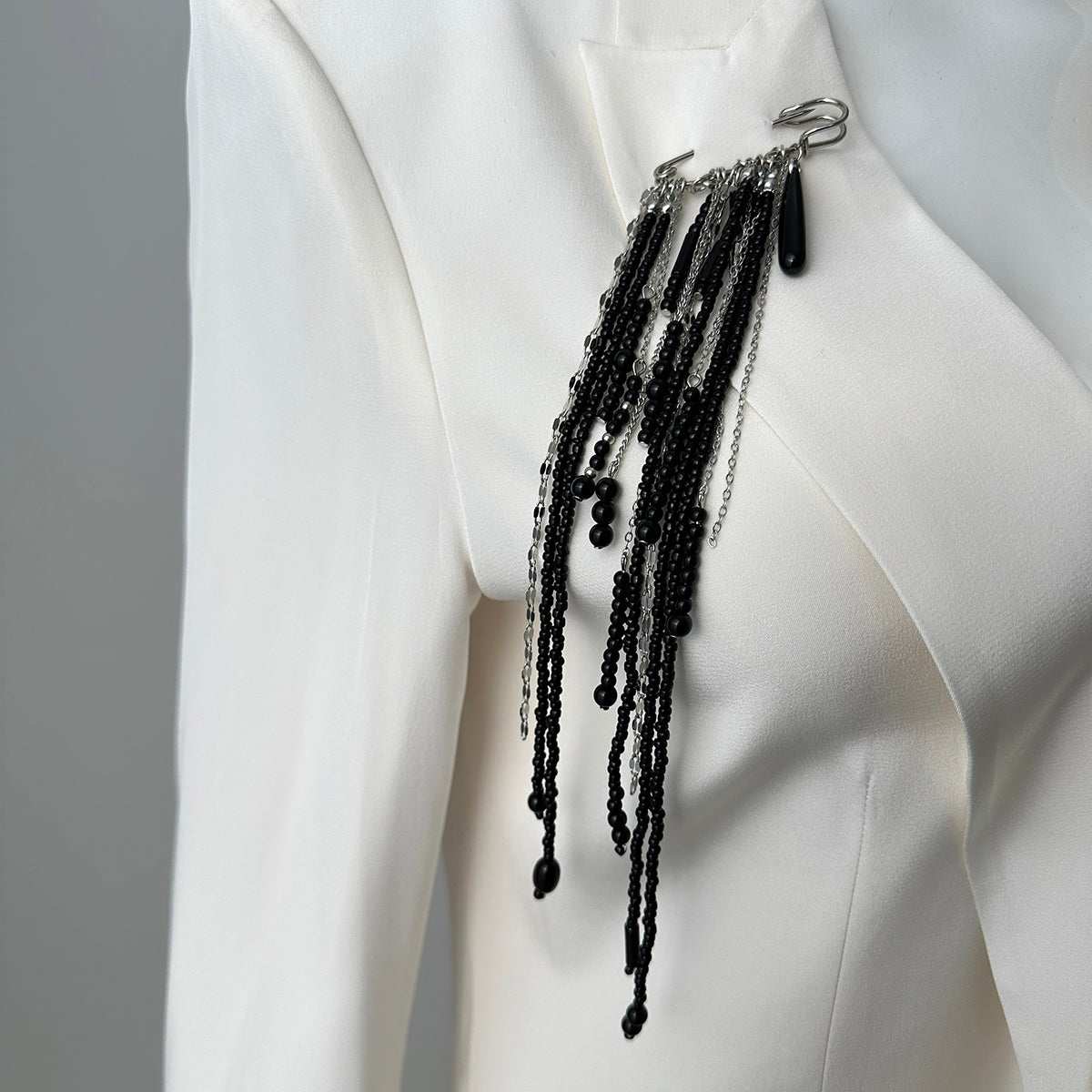 Black Crystal & Acrylic Silvertone Drop Tassel Pin Brooch