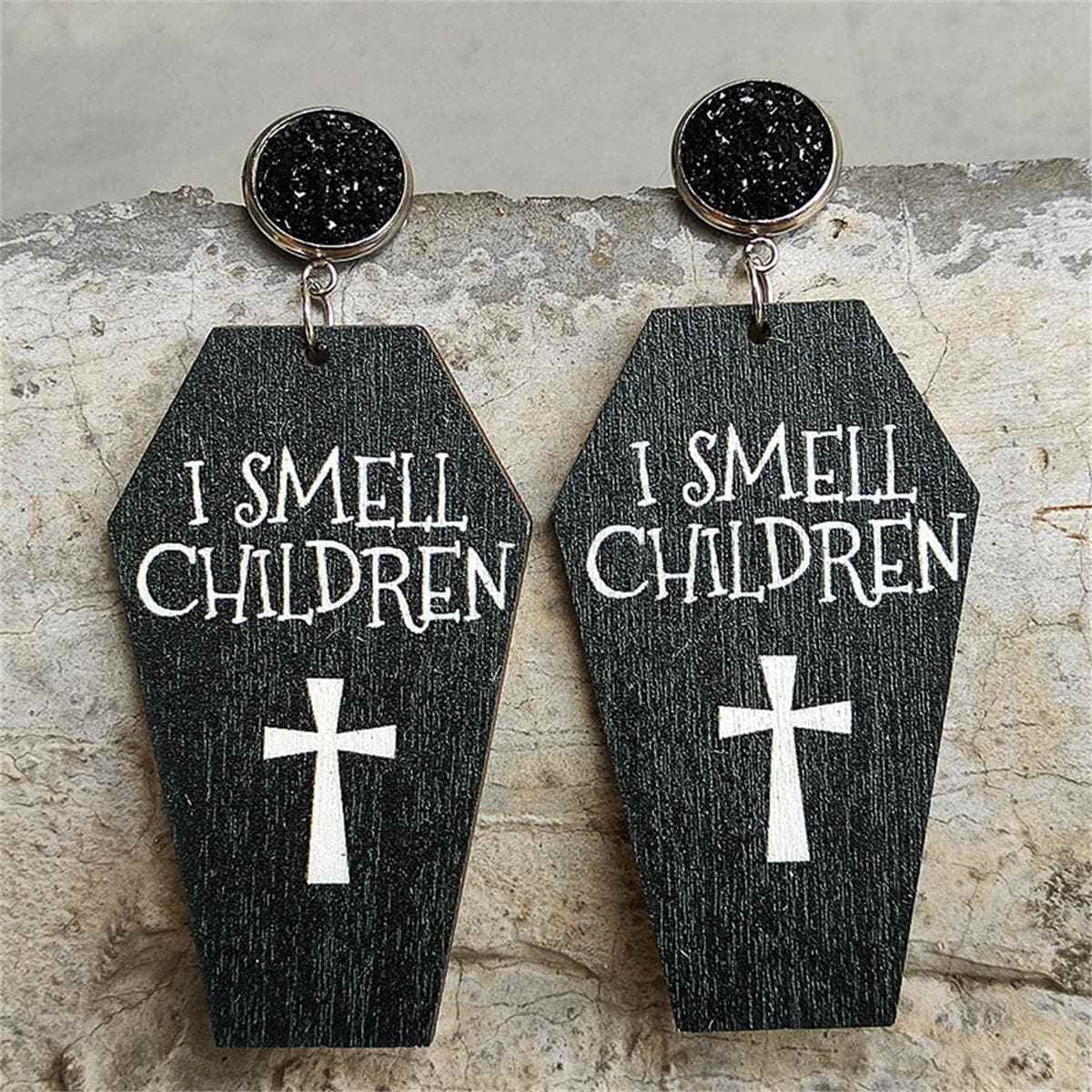 Black & Silvertone 'I Smell Children' Coffin Drop Earring