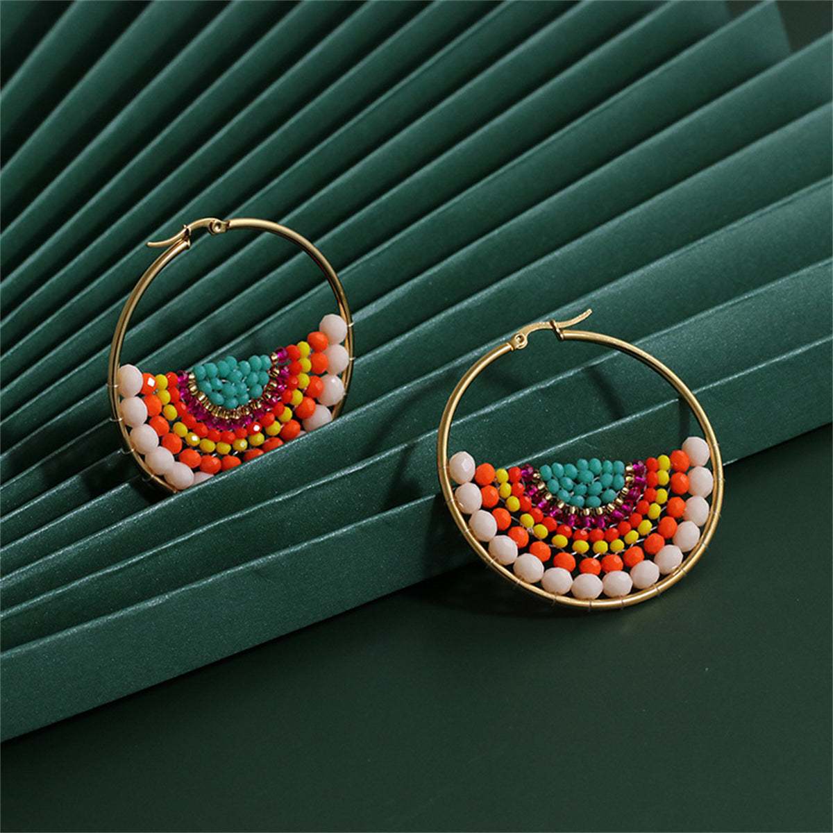 Yellow Acrylic & Goldtone Melon Bead-Detail Hoop Earrings