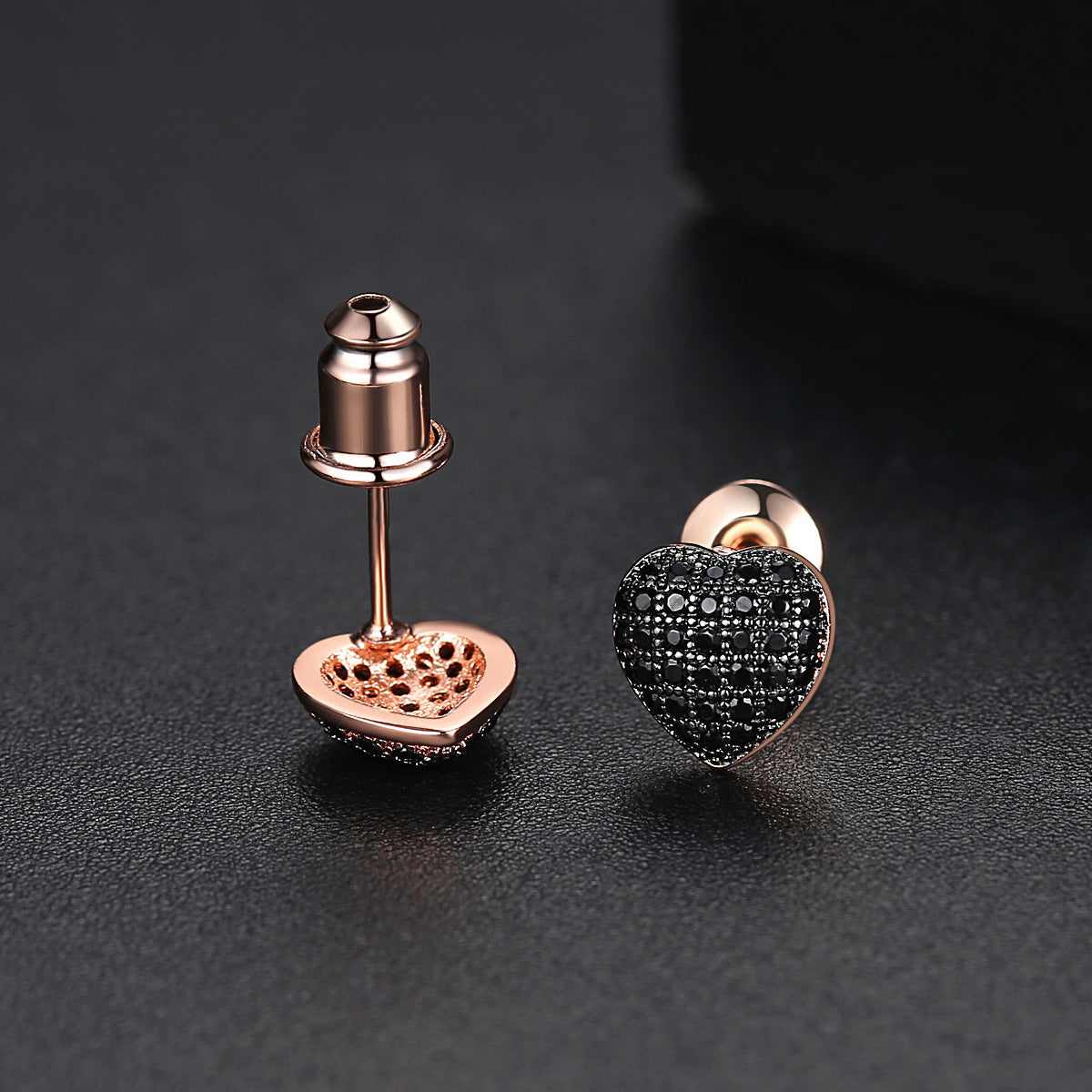 Black Cubic Zirconia & Goldtone Heart Stud Earrings