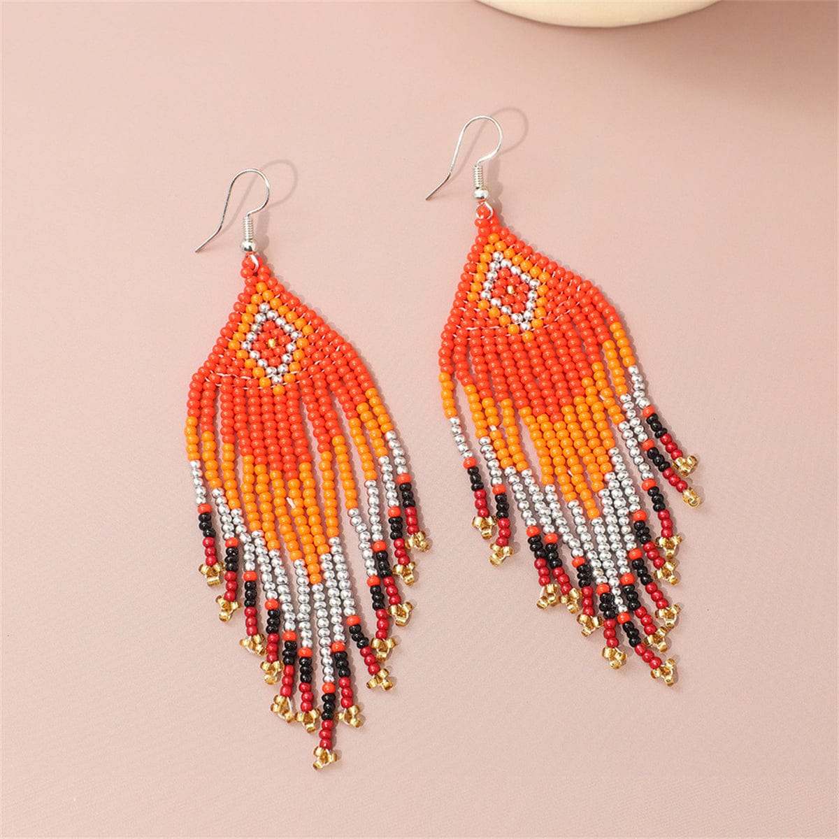 Red & Orange Howlite Rhombus Tassel Drop Earrings