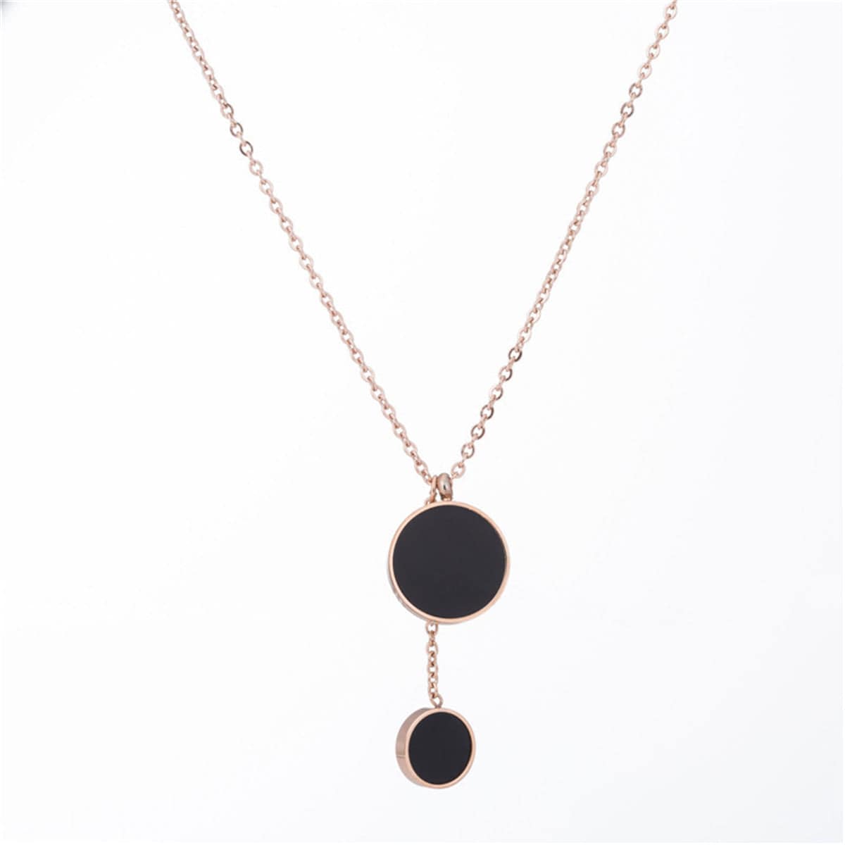 Black Acrylic & Rose Goldtone Double Round Lariat Pendant Necklace
