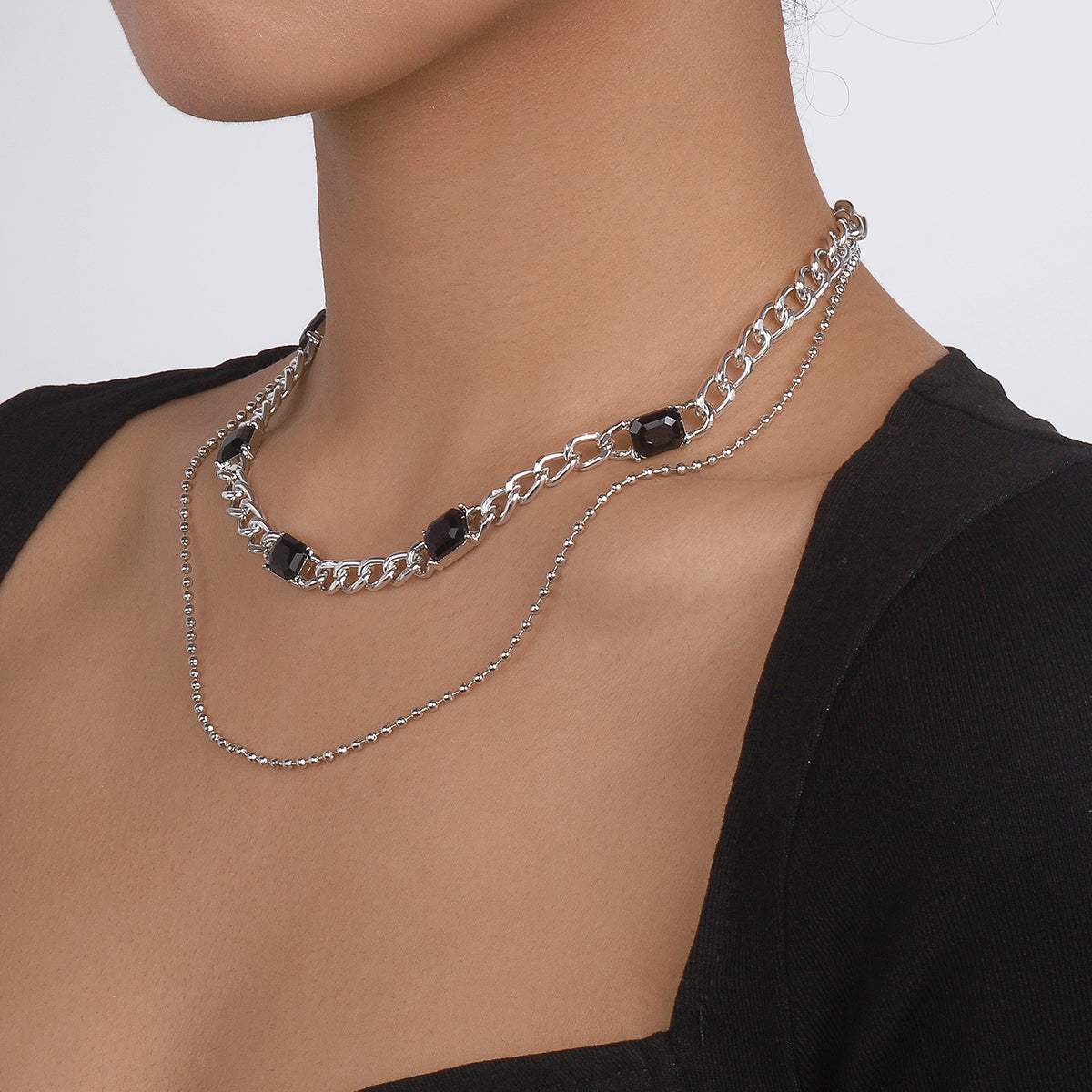 Black Crystal & Silvertone Dual-Chain Station Layered Necklace
