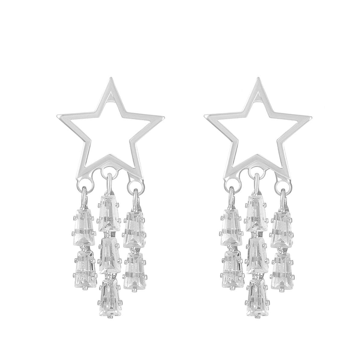 Crystal & Silvertone Open Star Tassel Drop Earrings