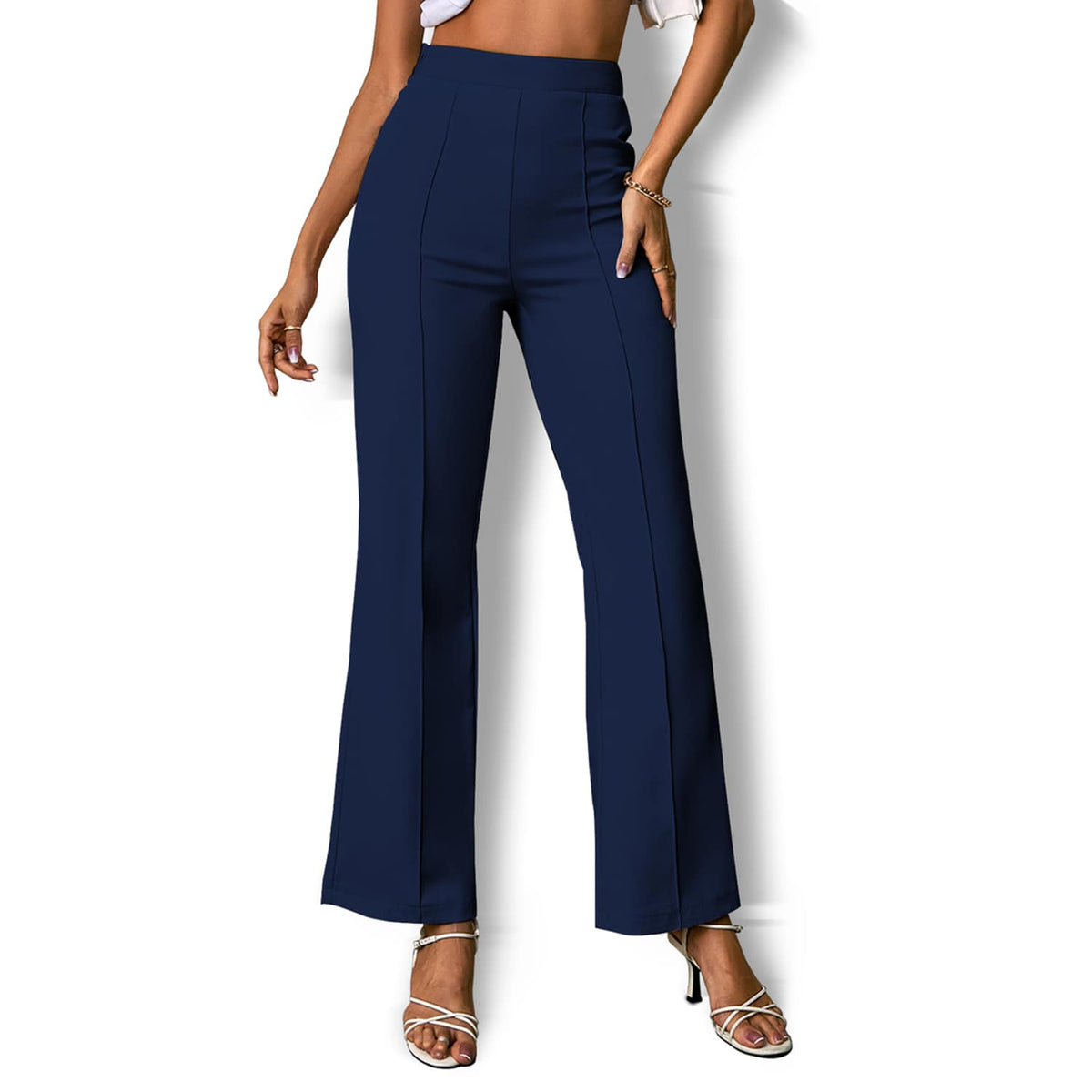 Dark Blue Elastic Waist Bootcut Pants