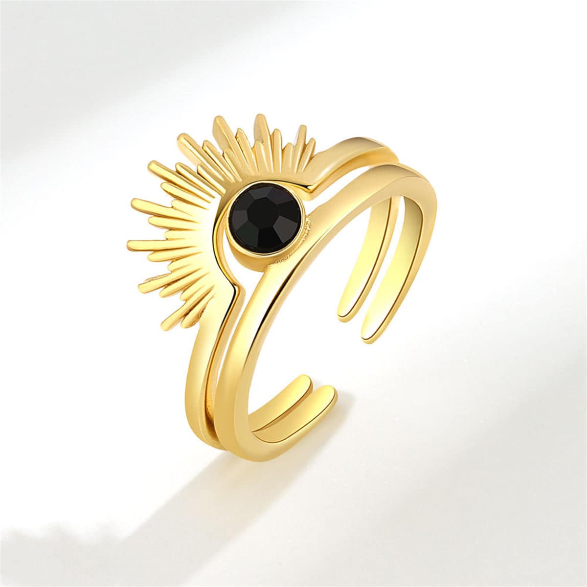 Black Cubic Zirconia & Goldtone Open Sun Ring Set