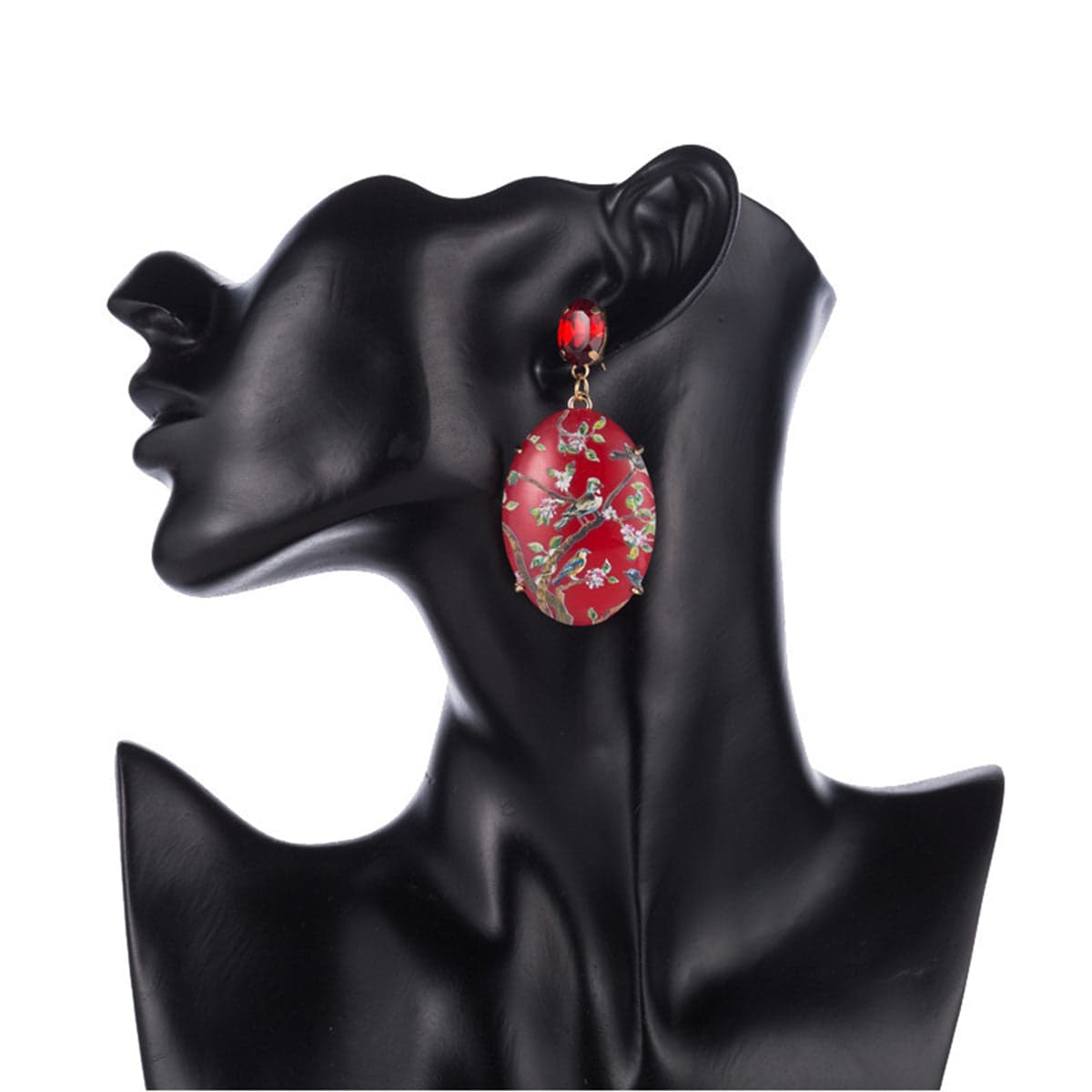 Red Crystal & Goldtone Bird Branch Oval Drop Earrings