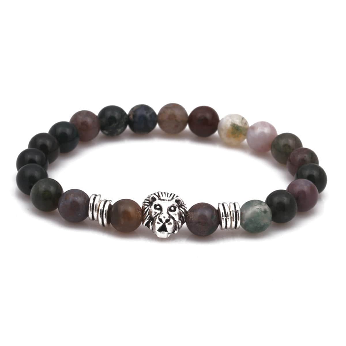 Agate & Silvertone Lion Beaded Stretch Bracelet
