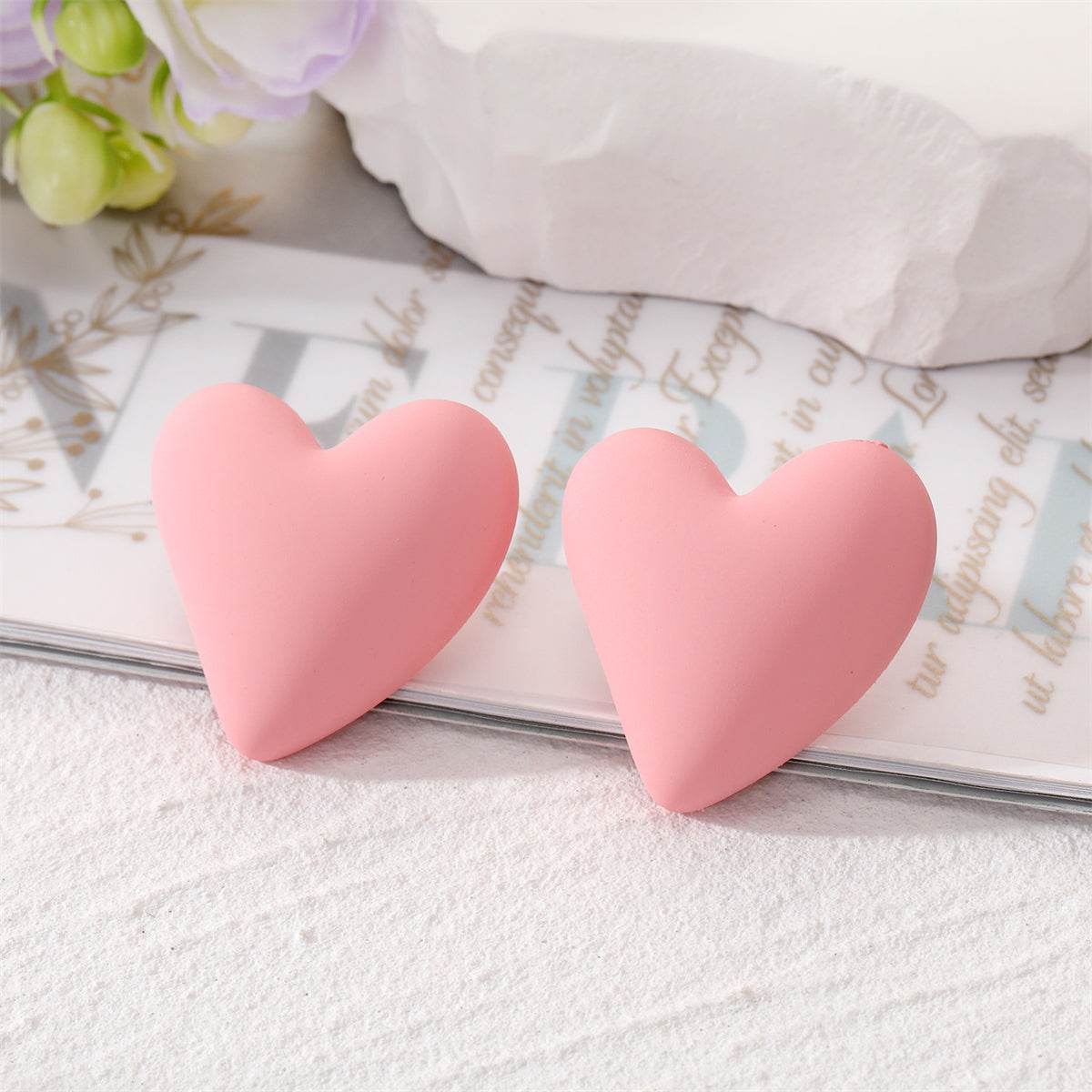 Pink Acrylic & Silvertone Heart Stud Earrings