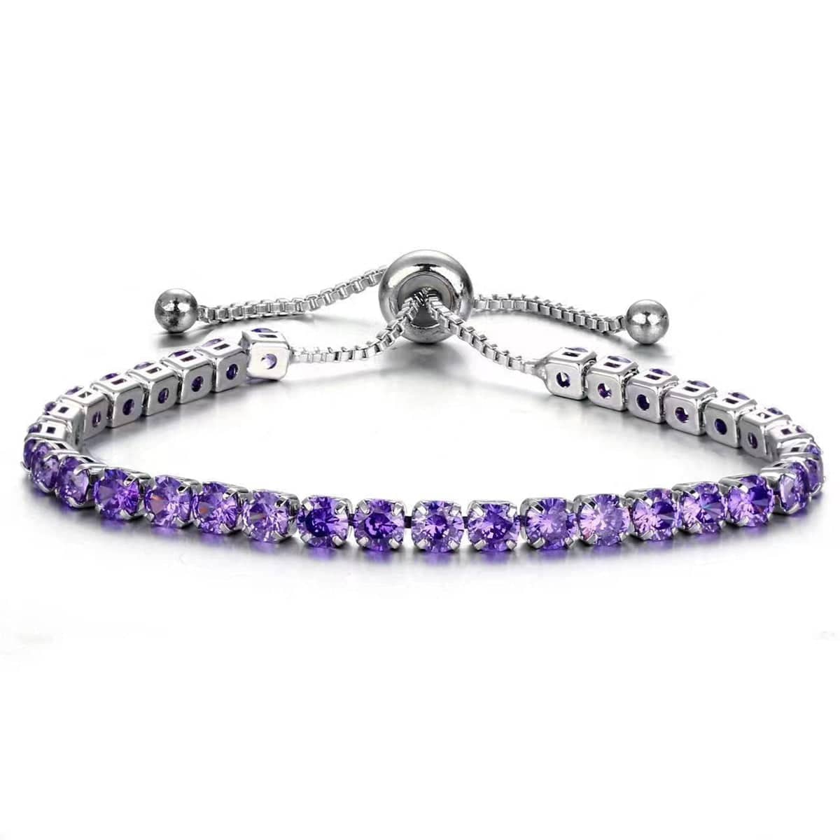 Purple Cubic Zirconia & Silvertone Adjustable Link Bracelet