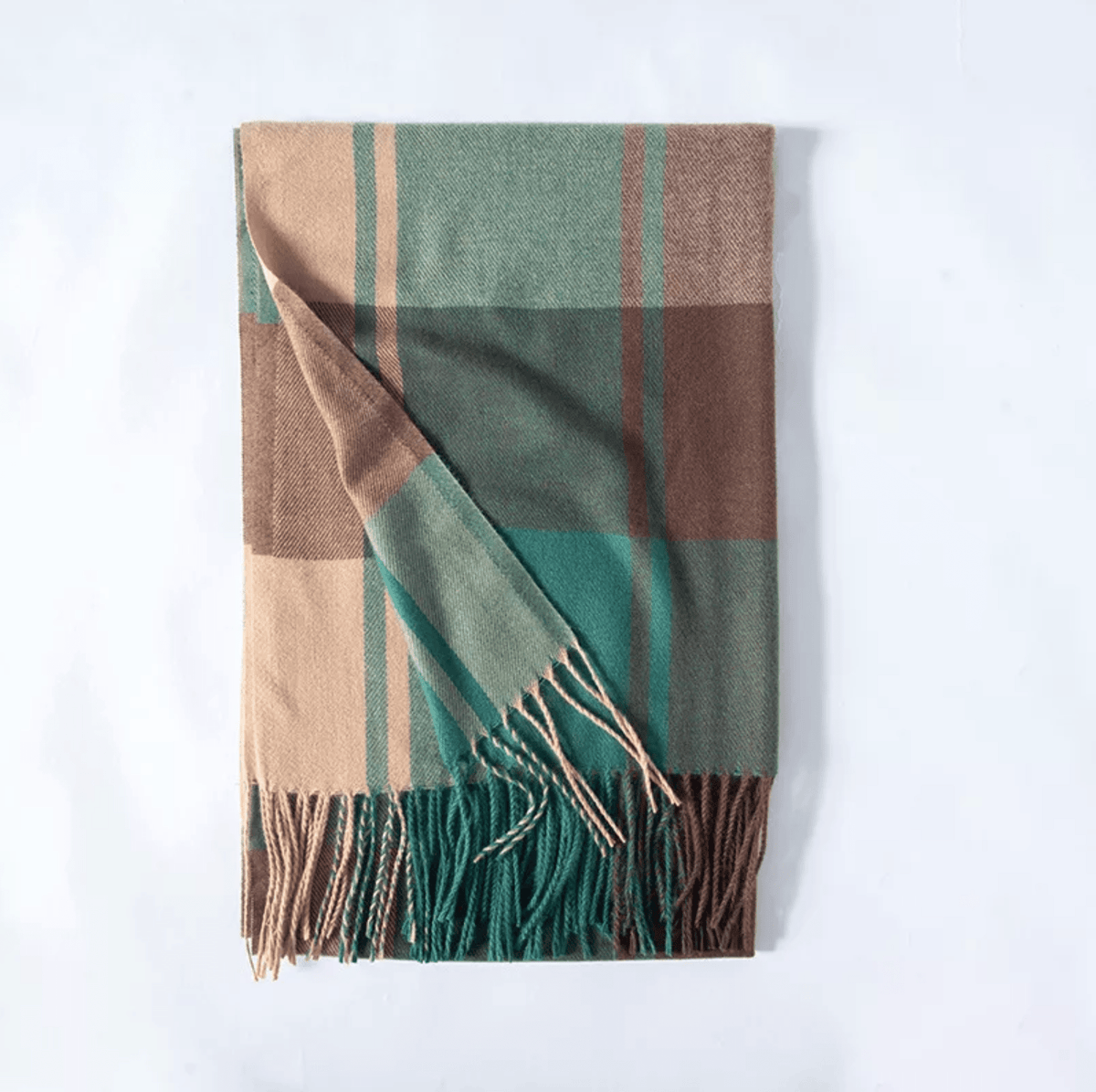 Cozy Plaid Fringe Trimmed Scarf in Emerald Chocolate