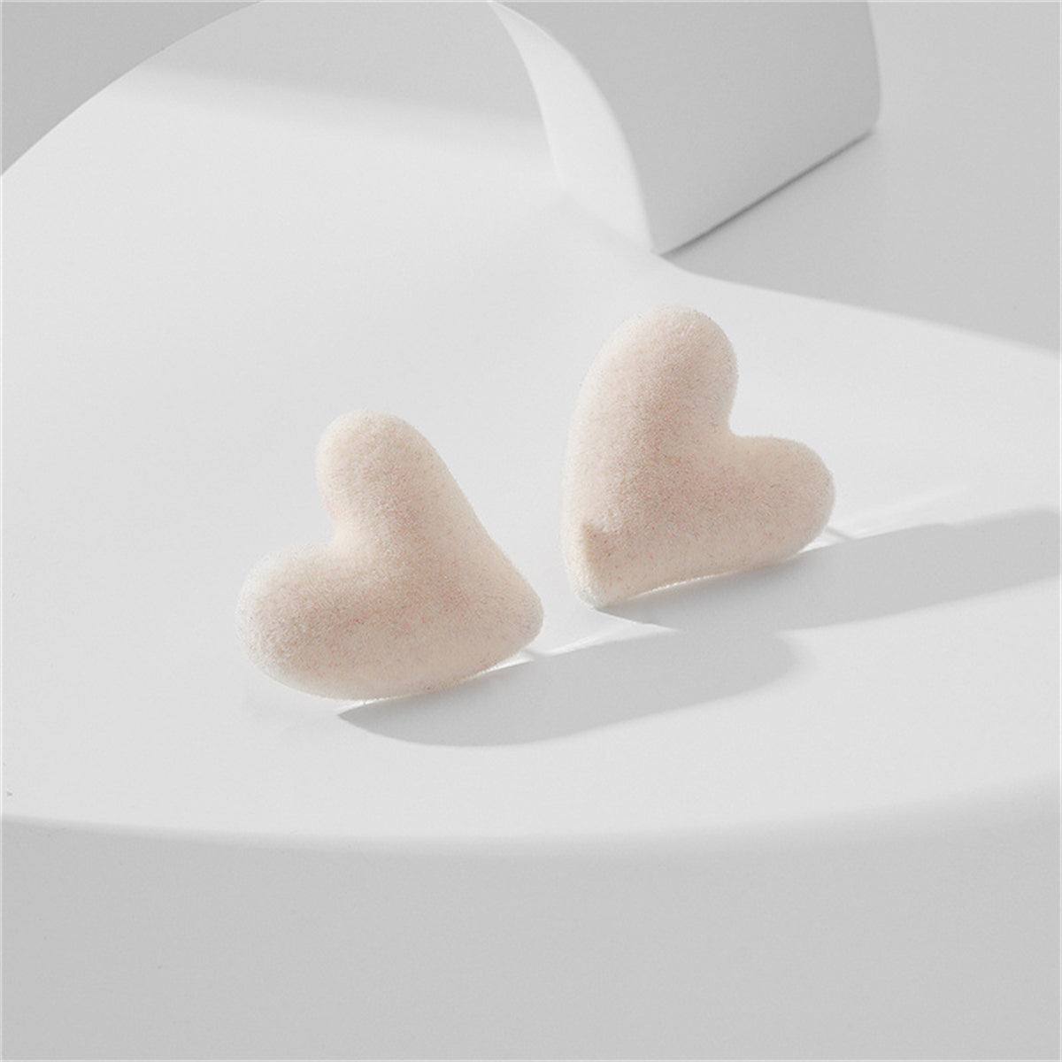 Beige Flocking & Silvertone Irregular Heart Stud Earrings