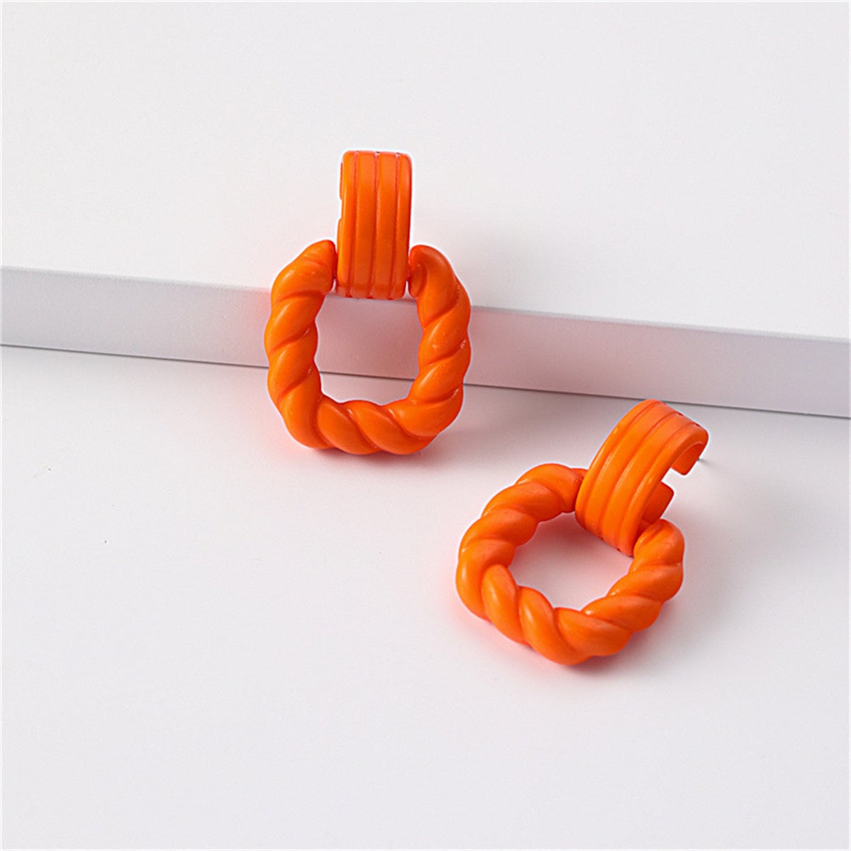 Orange Resin & Silvertone Twine Square Drop Earrings