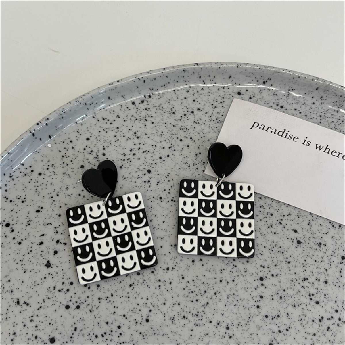 Black & White Heart Smiley Square Drop Earrings