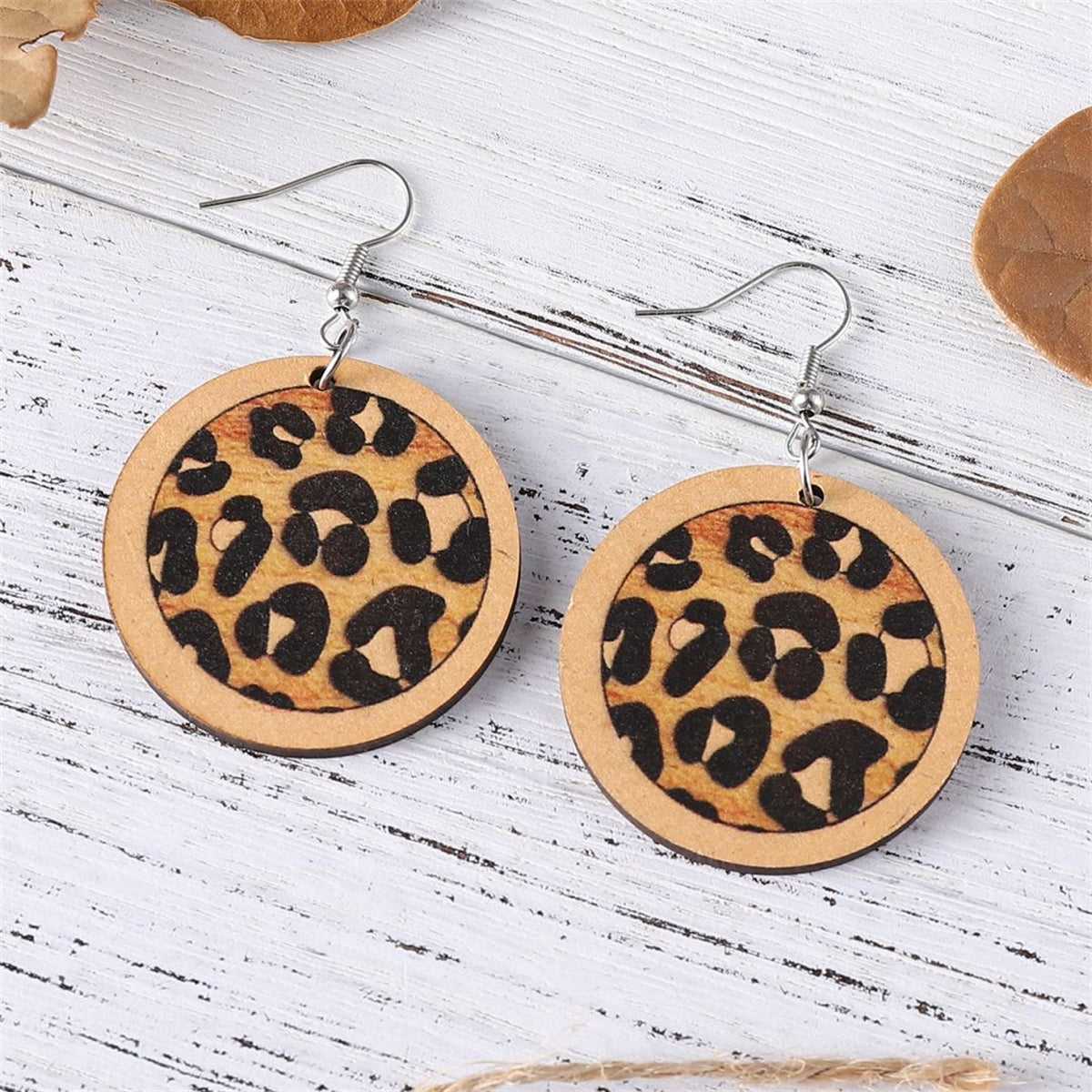 Beige & Silvertone Leopard Round Drop Earrings