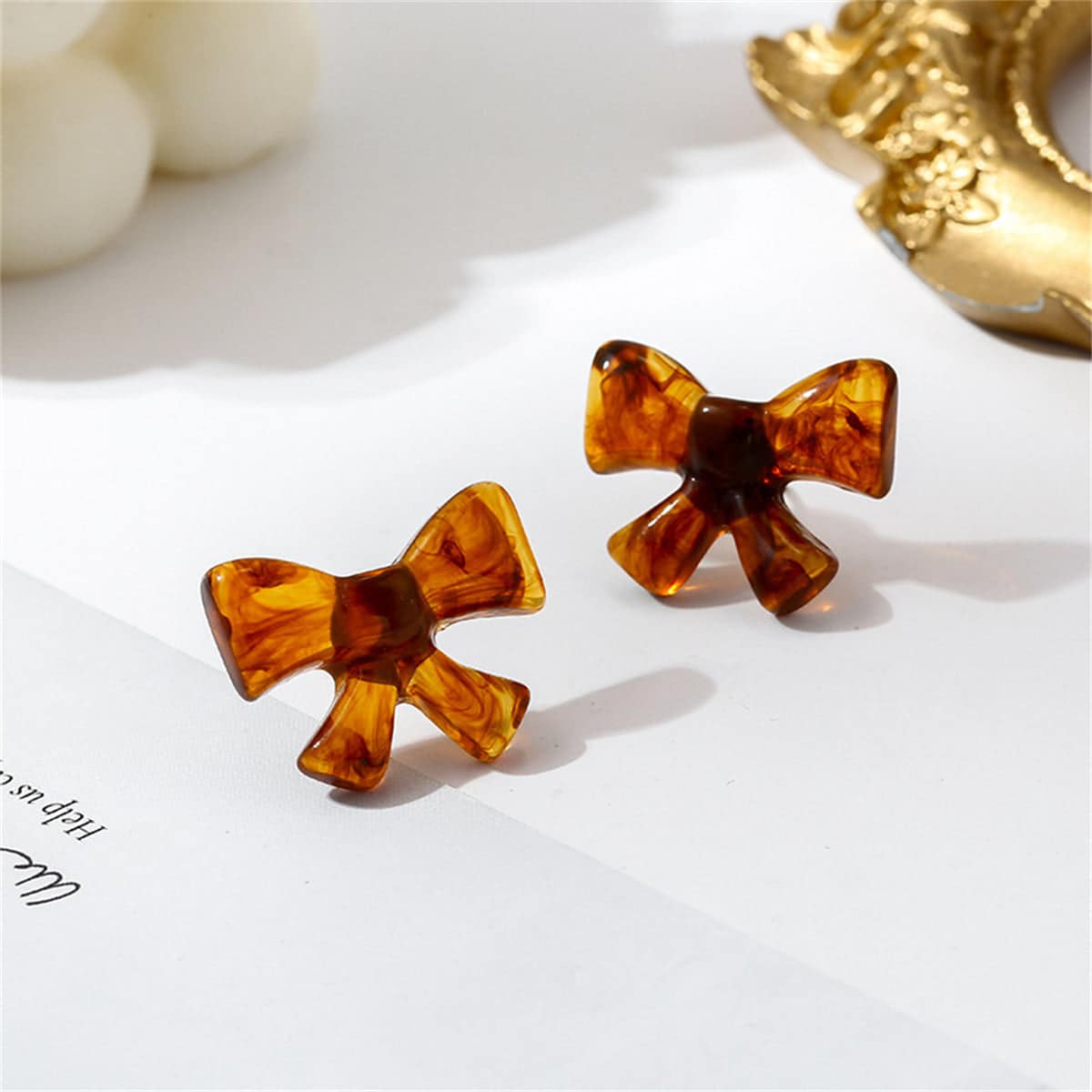 Amber Acrylic & Silvertone Bow Stud Earrings