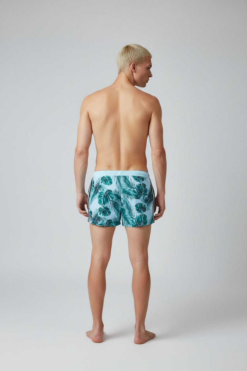 Christian Audigier Low Waist Men's Palm Print Sky Side Stripes Swim Shorts BMS619-0019M