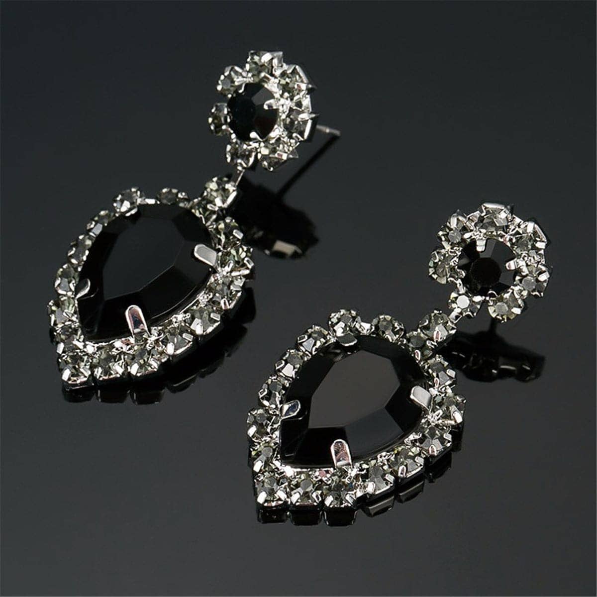 Black & Cubic Zirconia Round Pear Drop Earrings
