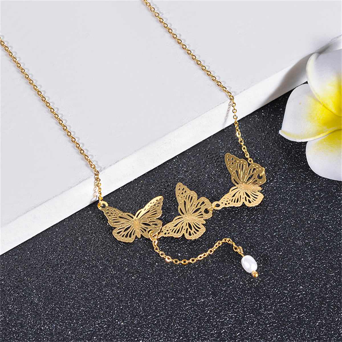 Pearl & Goldtone Tri-Butterflies Pendant Necklace