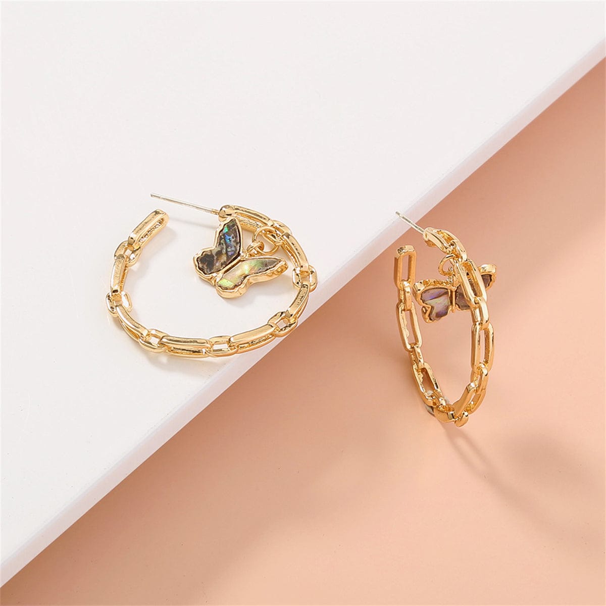 Abalone Shell & Goldtone Butterfly Chain Hoop Earrings