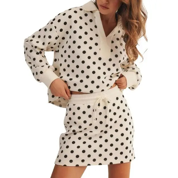 Polka Dot Polo Collar Top Drawstring Mini Skirt Two Piece Set