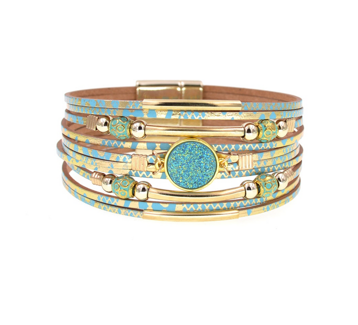 Goldtone Blue Mix Faux Leather Multi Strand Bracelet