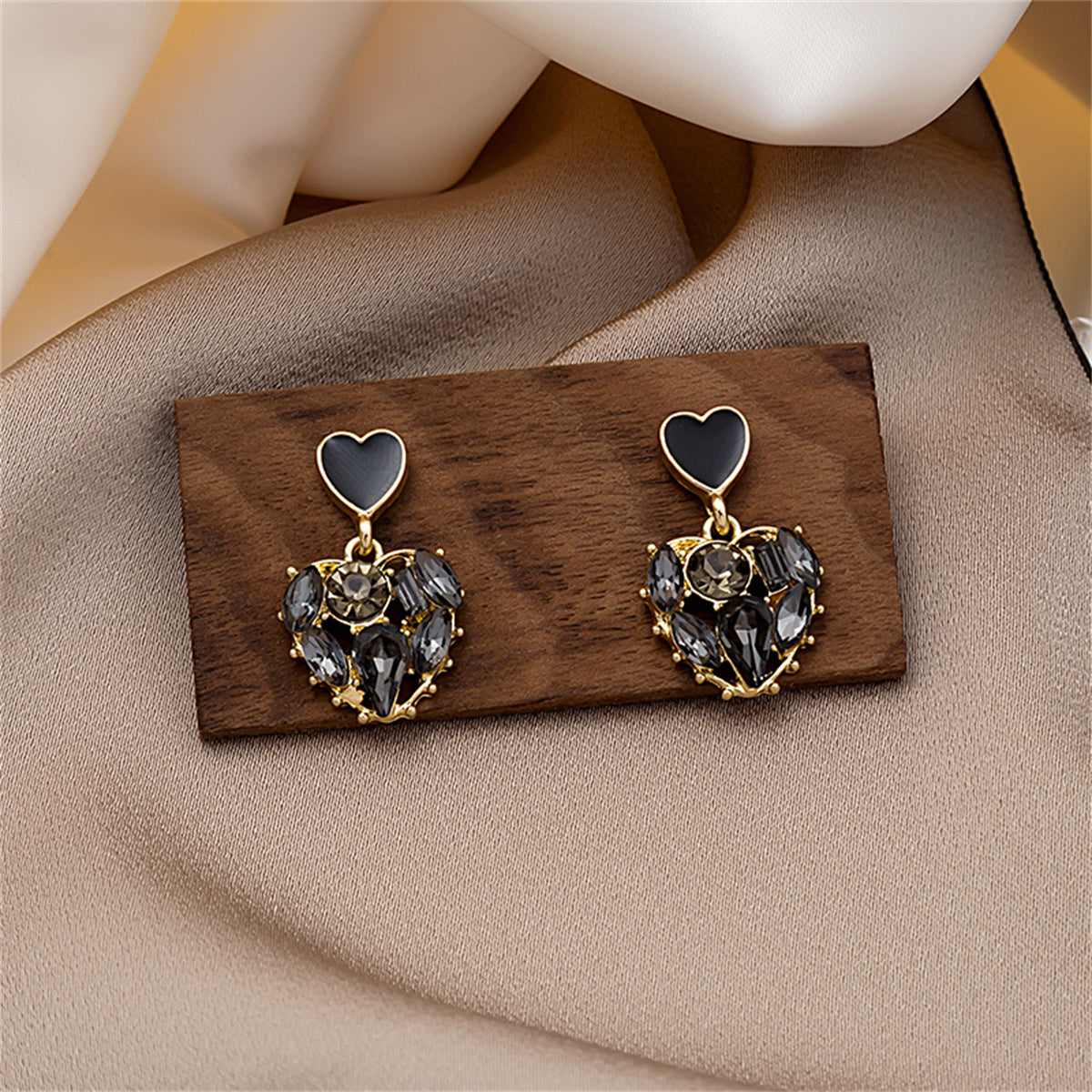 Black Crystal & Goldtone Heart Drop Earrings