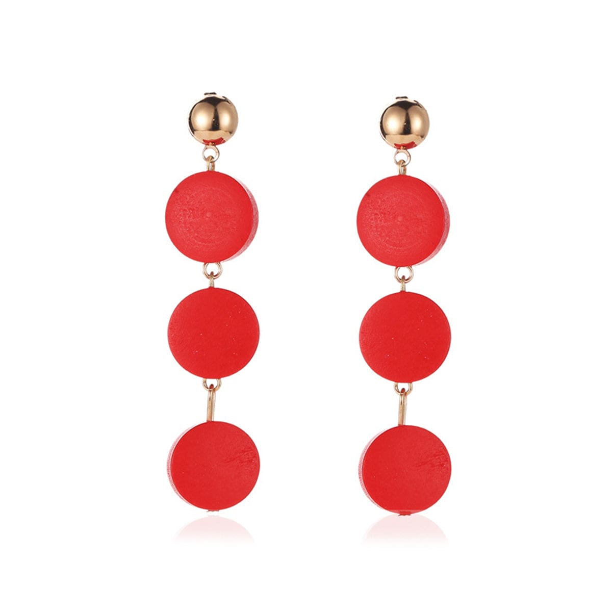 Red Wood & Goldtone Tiered Round Drop Earrings