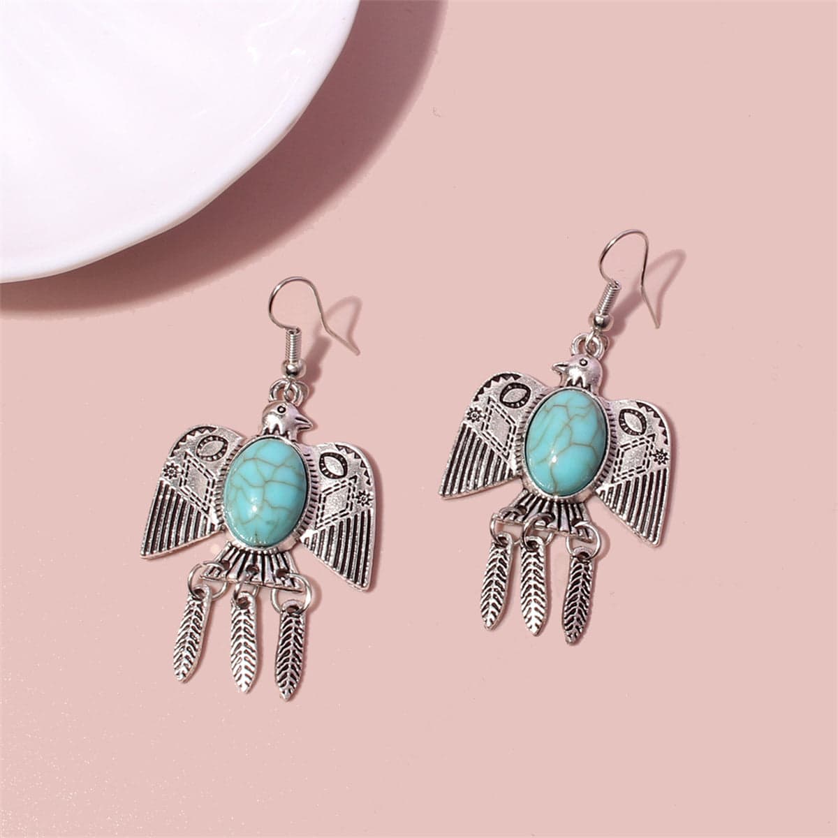 Blue Turquoise & Silvertone Swallow Drop Earrings