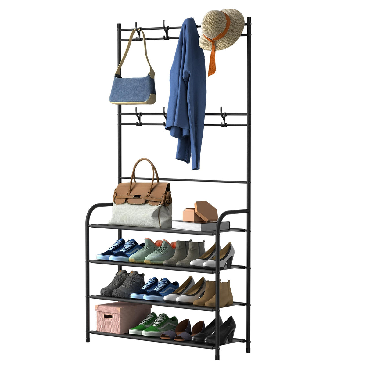 Fresh Fab Finds Entryway Coat Hat Rack Shoe Storage Shelf 5 Tier Shoe Rack Freestanding Hall Tree Garment Hanger Stand Clothes Shoe Organizer Combo