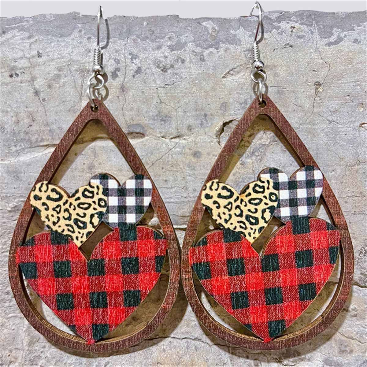 Red & Brown Wood Plaid Hearts Openwork Teardrop Earrings