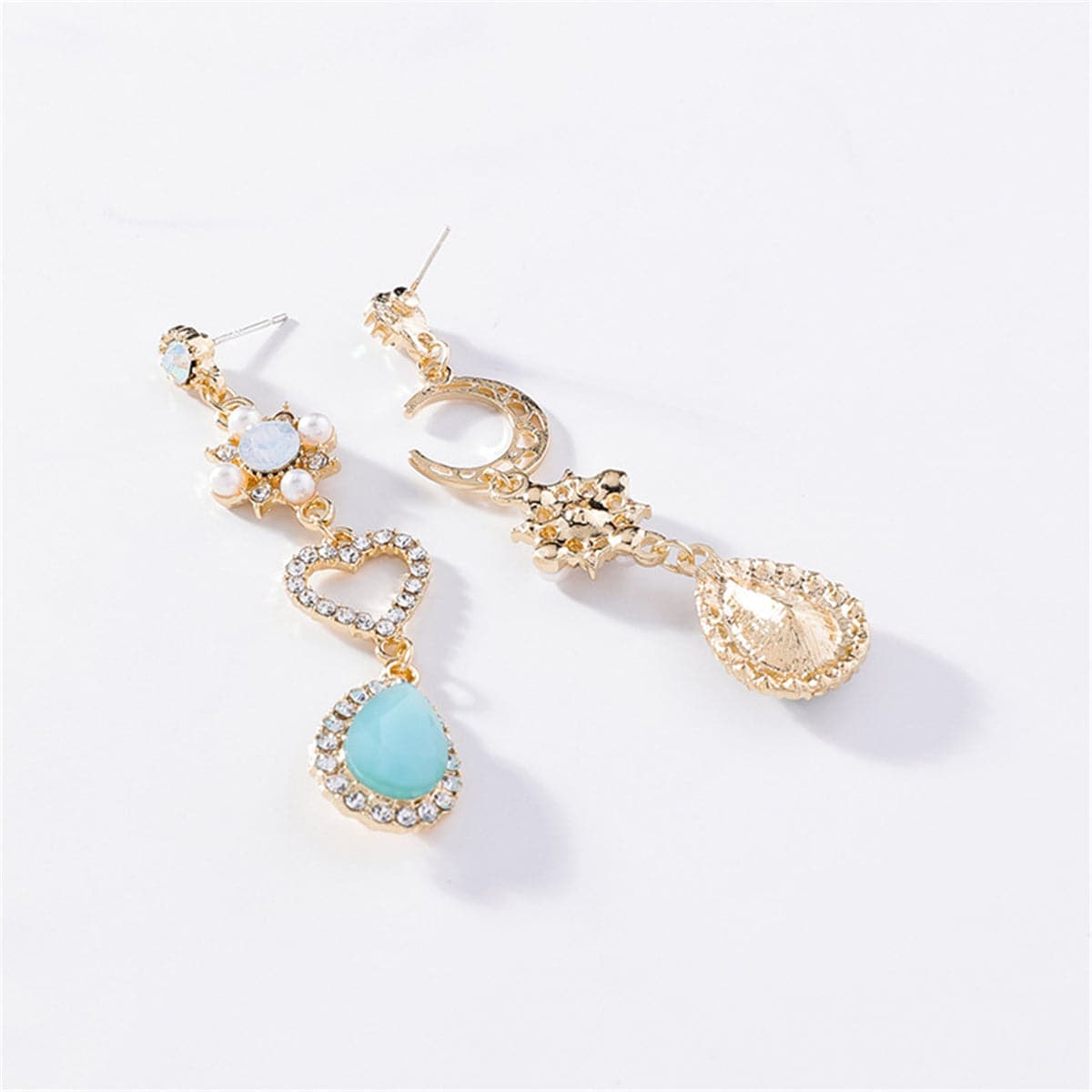 Aqua Moonstone & Pearl Goldtone Asymmetrical Moon Heart Drop Earrings